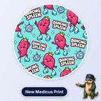 Dancing Spleen scrub cap print: crowned spleens in platform boots dancing with disco balls on aqua
