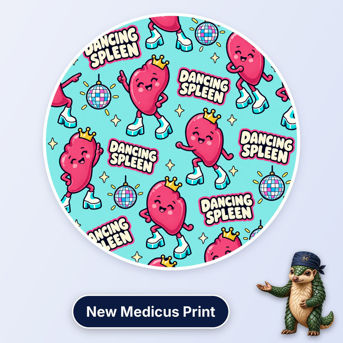 Dancing Spleen scrub cap print: crowned spleens in platform boots dancing with disco balls on aqua
