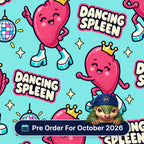 Dancing Spleen scrub cap print: crowned spleens in platform boots dancing with disco balls on aqua, with a Pre Order For October 2026 badge