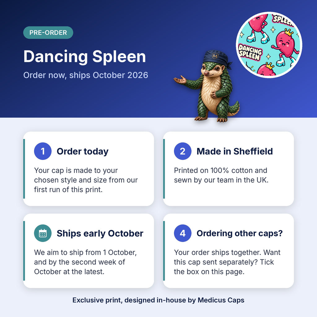 How pre-order works for the Dancing Spleen scrub cap: order today, made in Sheffield, ships early October 2026