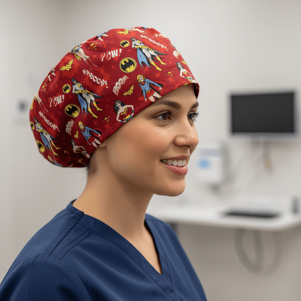 DC Comic Super Women Heros On Red Scrub Cap