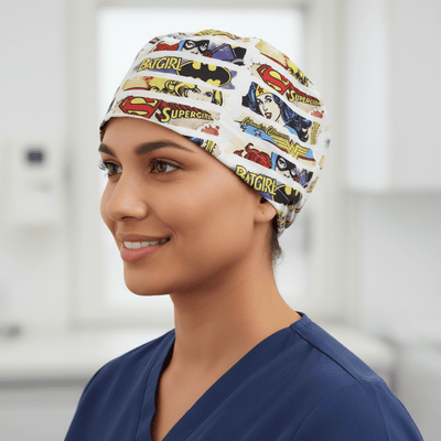 DC Comic Superhero Women Comic Strip scrub cap shown on female model