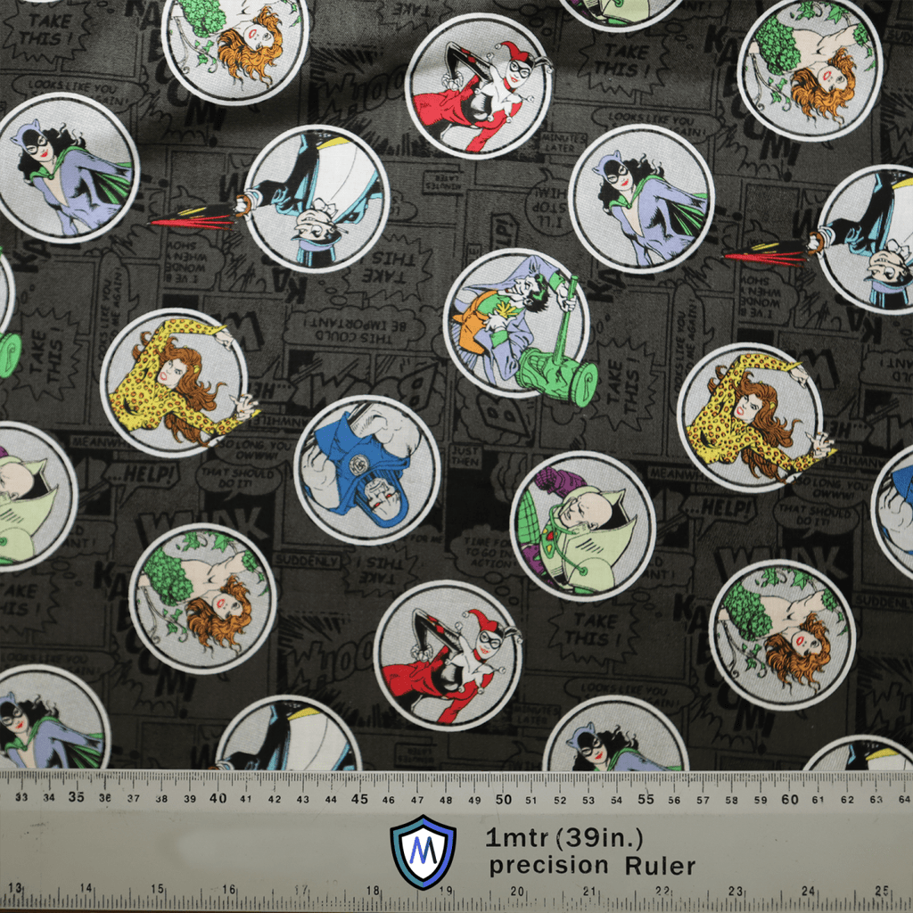 The Medicus Scrub Caps DC Comic Villains Circles fabric showcases comic-style prints of DC villains and cartoon characters in circular frames on gray, with text like HELP and TAKE THIS. Perfect for eco-friendly scrub caps, it measures 1 meter wide.