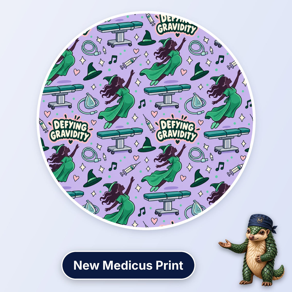Defying Gravidity scrub cap print: a flying witch in green with operating tables, masks and syringes on lilac