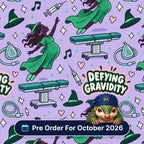 Defying Gravidity scrub cap print: a flying witch in green with operating tables, masks and syringes on lilac, with a Pre Order For October 2026 badge
