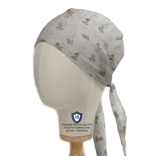 The Medicus Scrub Caps Disney Bambi Small On Ice With Thumper scrub cap is modeled on a mannequin head, showcasing cartoon deer and woodland animals on a white background. Perfect for healthcare, it ties at the back for comfort, with a logo visible on the cap.