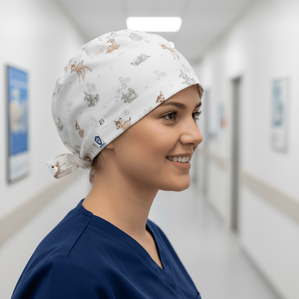 Disney Bambi Small On Ice With Thumper scrub cap shown on female model