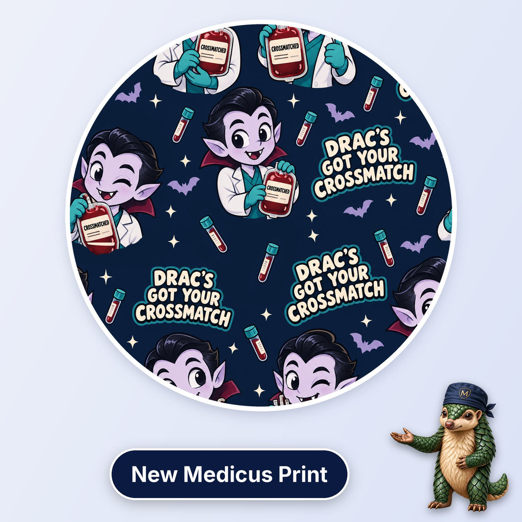Drac's Got Your Crossmatch scrub cap print: cartoon vampire in a lab coat holding crossmatched blood bags with bats on navy