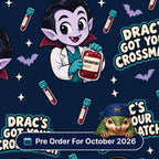 Drac's Got Your Crossmatch scrub cap print: cartoon vampire in a lab coat holding crossmatched blood bags with bats on navy, with a Pre Order For October 2026 badge