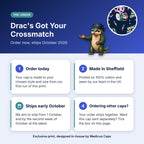 How pre-order works for the Drac's Got Your Crossmatch scrub cap: order today, made in Sheffield, ships early October 2026