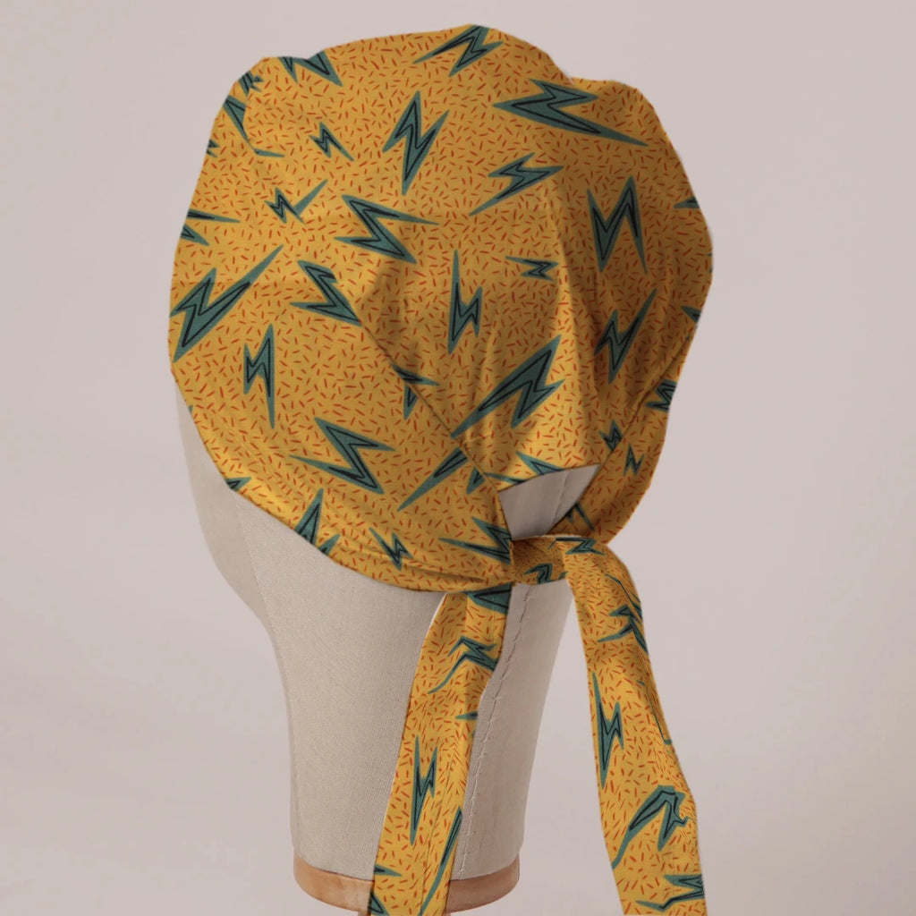 Electric Bolts On Yellow scrub cap in Bandana tie-back style on mannequin head, back view with ties