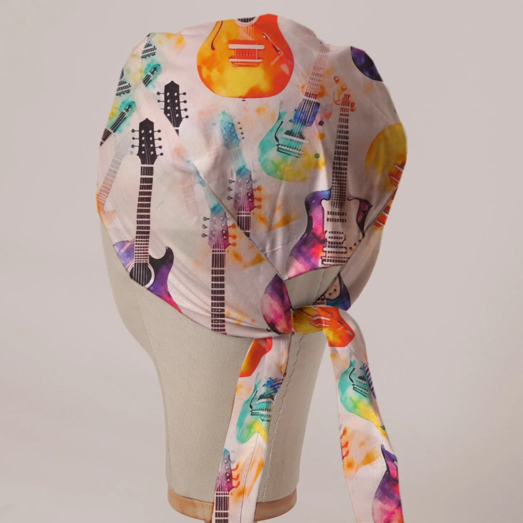 Electric Guitars Multicoloured scrub cap in Bandana tie-back style on mannequin head, back view with ties