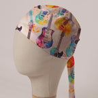Electric Guitars Multicoloured scrub cap in Bandana tie-back style: watercolour electric guitars in rainbow colours on white
