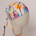 Electric Guitars Multicoloured scrub cap in Bandana tie-back style on mannequin head, front right view with the Medicus label