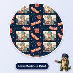Ends Meet scrub cap print: comic panels of a tired surgeon joining bowel, with sutured bowel and Fuelled By Closure mugs on navy