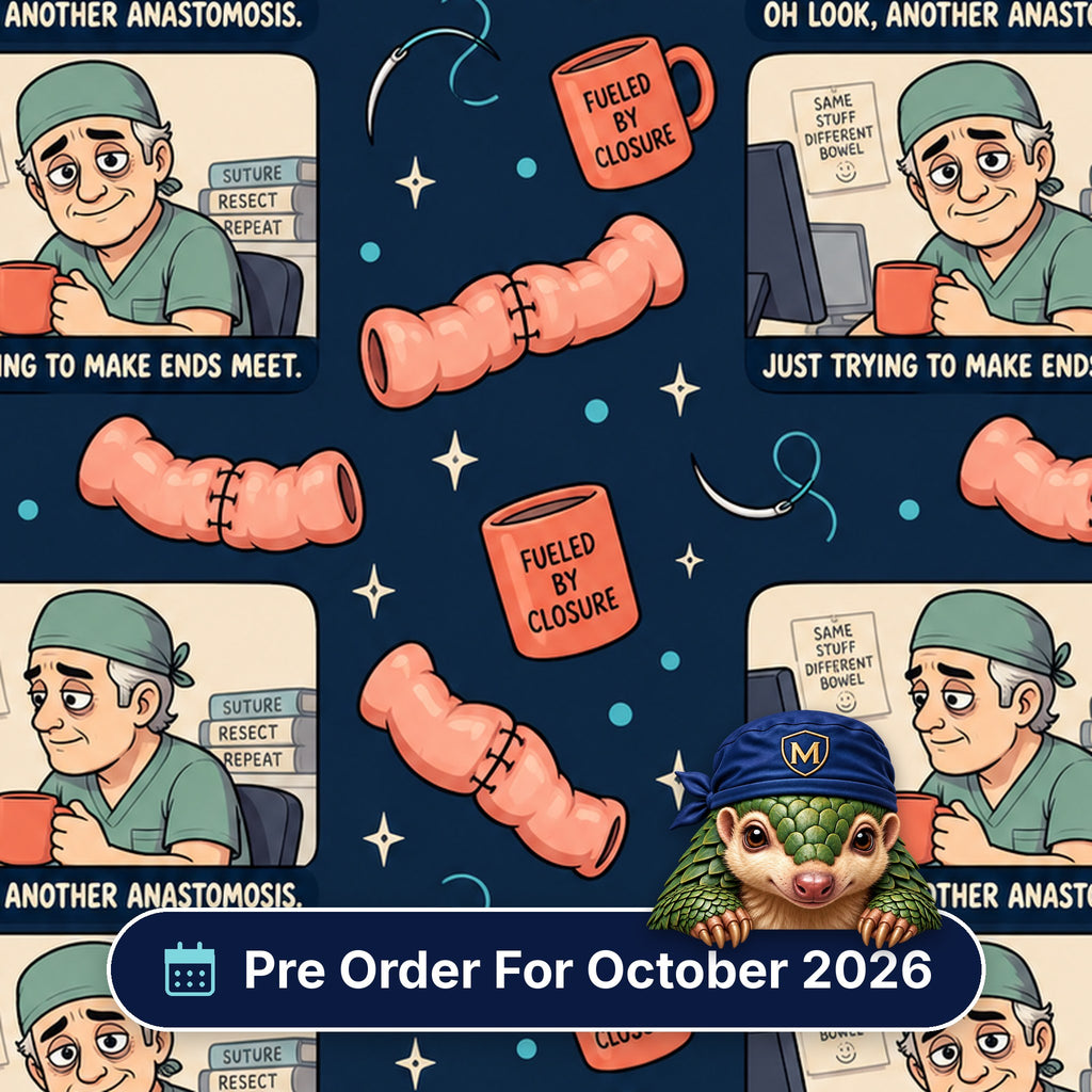 Ends Meet scrub cap print: comic panels of a tired surgeon joining bowel, with sutured bowel and Fuelled By Closure mugs on navy, with a Pre Order For October 2026 badge