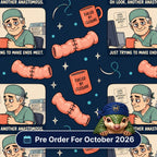 Ends Meet scrub cap print: comic panels of a tired surgeon joining bowel, with sutured bowel and Fuelled By Closure mugs on navy, with a Pre Order For October 2026 badge