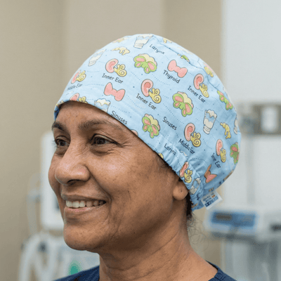 Cute ENT Anatomy scrub cap shown on model