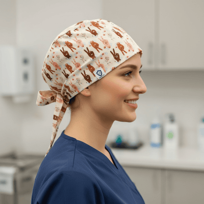 Equal Rights Girl Power With Flowers scrub cap shown on female model