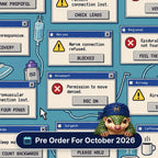 Error Messages scrub cap print: retro computer error pop-ups with anaesthetic jokes, monitors and airway kit on blue, with a Pre Order For October 2026 badge