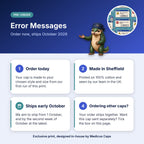 How pre-order works for the Error Messages scrub cap: order today, made in Sheffield, ships early October 2026