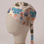Family Guy Title and Cast fabric scrub cap in Bandana tie-back style: Family Guy title and cast on cream