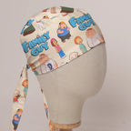 Family Guy Title and Cast fabric scrub cap in Bandana tie-back style on mannequin head, front right view with the Medicus