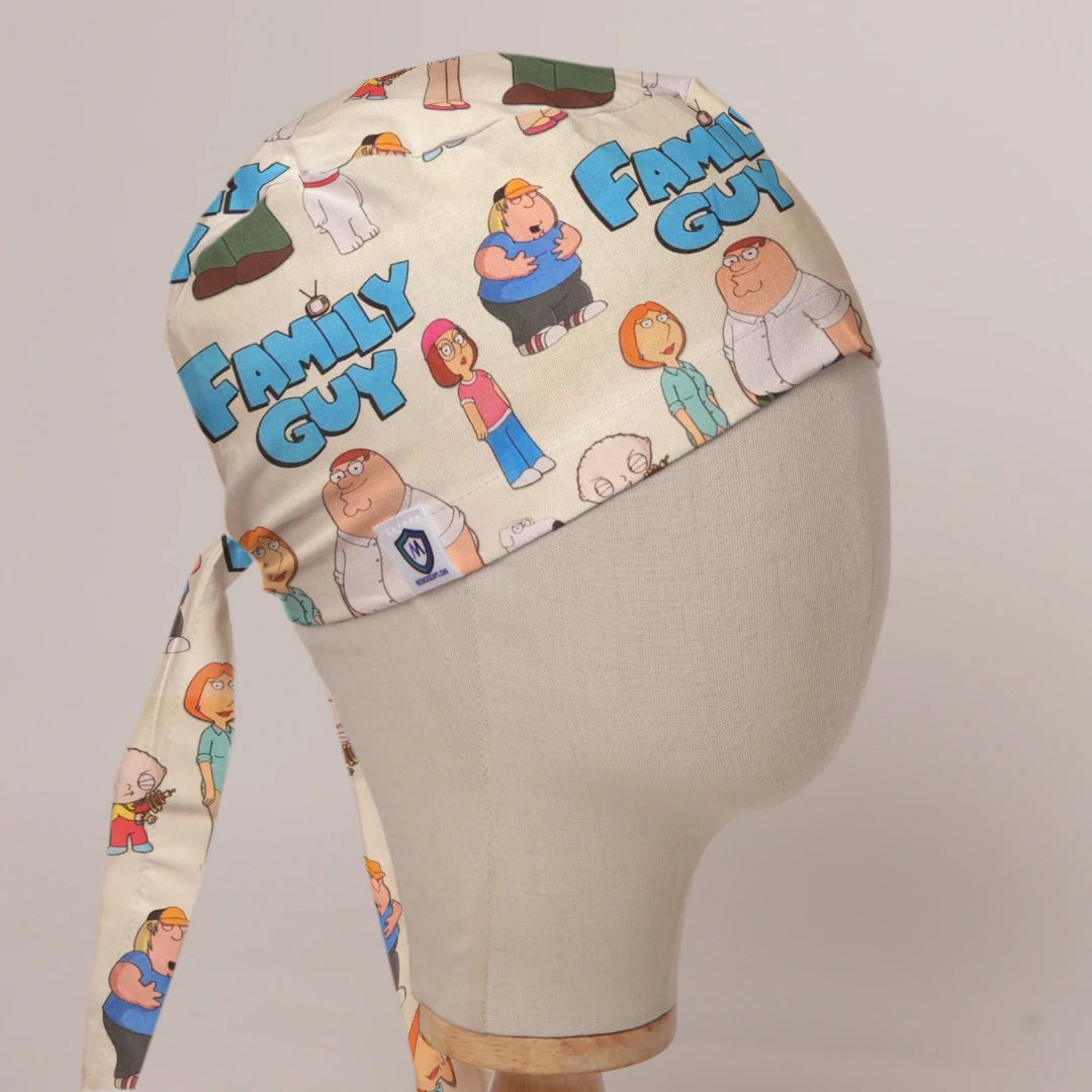Family Guy Title and Cast fabric scrub cap in Bandana tie-back style on mannequin head, front right view with the Medicus