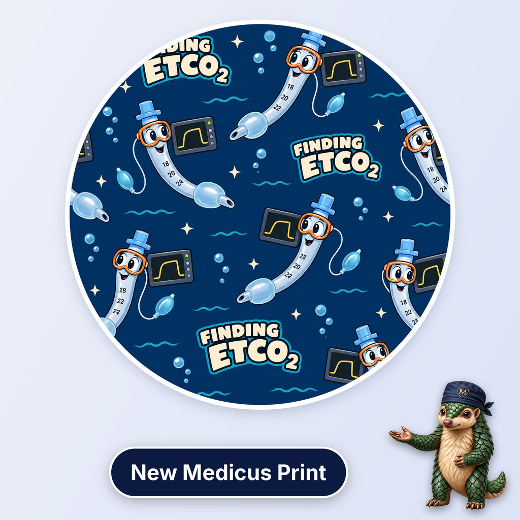 Finding ETCO2 scrub cap print: cartoon ET tubes in snorkel masks swimming with capnography monitors and bubbles on navy