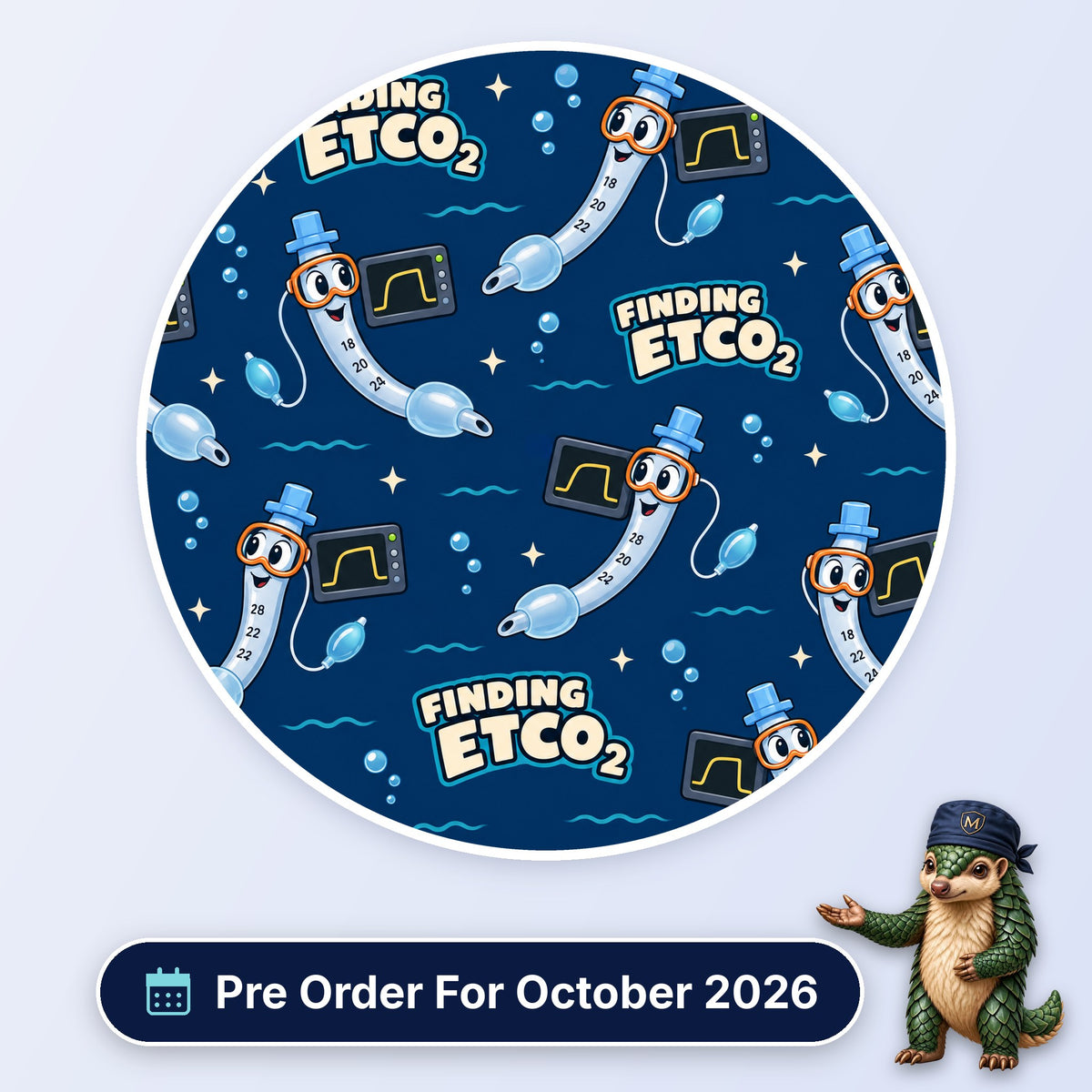 Finding ETCO2 scrub cap print: cartoon ET tubes in snorkel masks swimming with capnography monitors and bubbles on navy, with a Pre Order For October 2026 badge