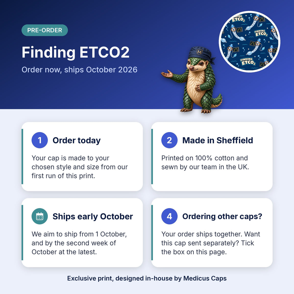 How pre-order works for the Finding ETCO2 scrub cap: order today, made in Sheffield, ships early October 2026