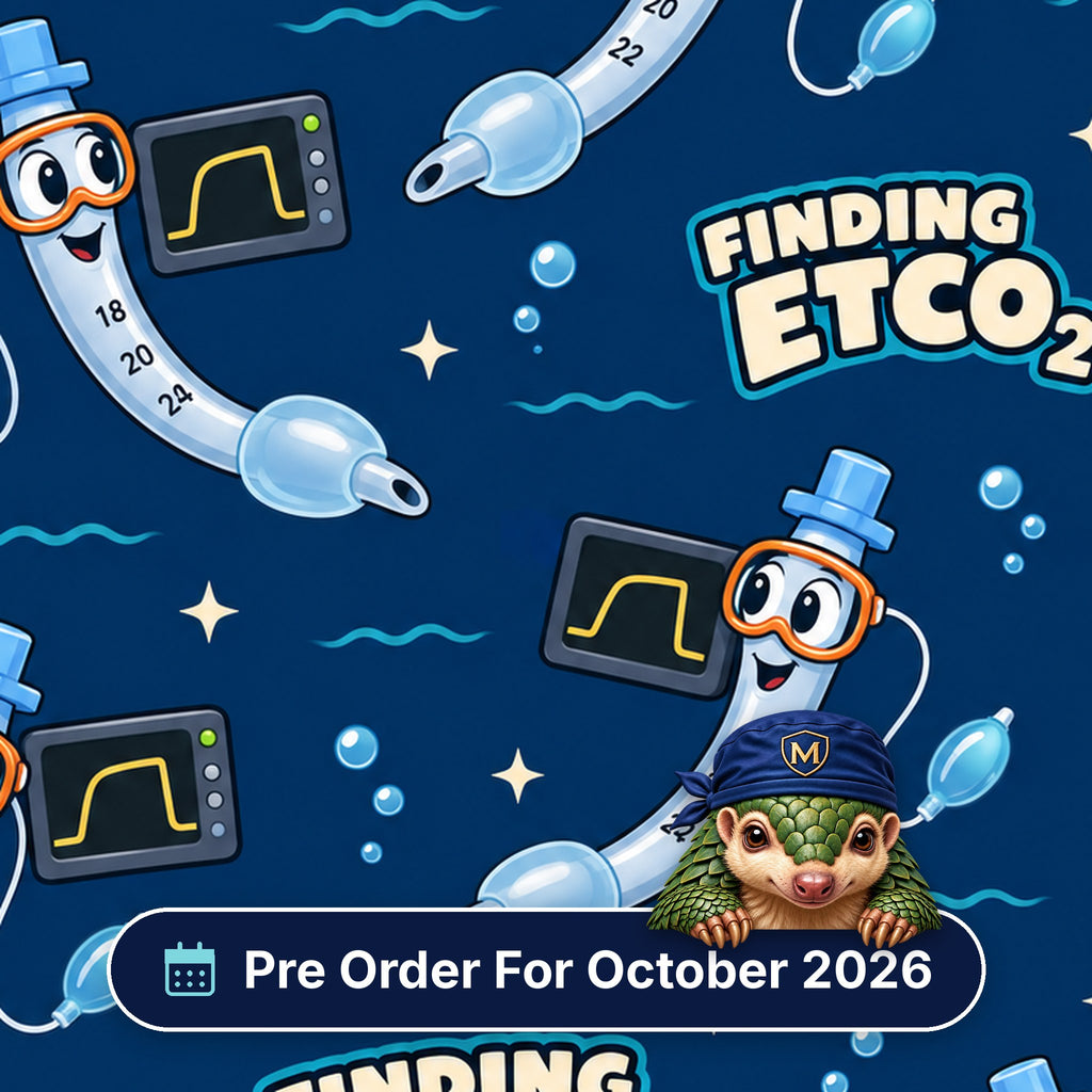 Finding ETCO2 scrub cap print: cartoon ET tubes in snorkel masks swimming with capnography monitors and bubbles on navy, with a Pre Order For October 2026 badge