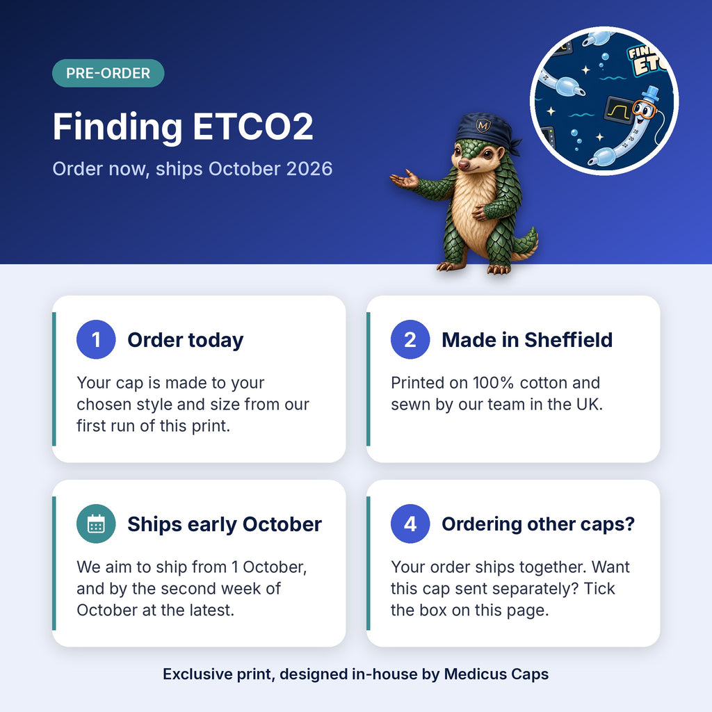 How pre-order works for the Finding ETCO2 scrub cap: order today, made in Sheffield, ships early October 2026