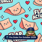 Flap, Actually scrub cap print: smiling sutured skin flaps with red hearts on aqua, with a Pre Order For October 2026 badge