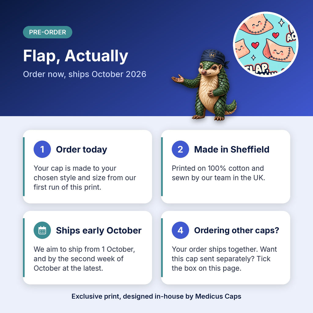 How pre-order works for the Flap, Actually scrub cap: order today, made in Sheffield, ships early October 2026