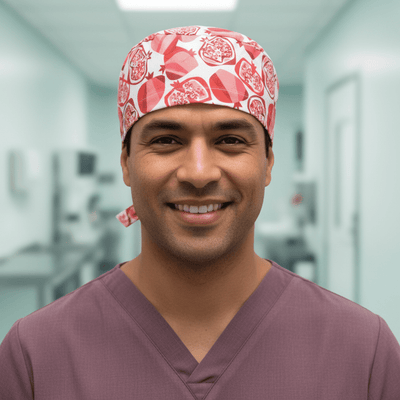 Food Abstract Pomegranates scrub cap shown on male model