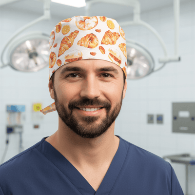 Food Breakfast Croissants Donuts Bakery scrub cap shown on male model
