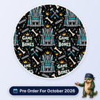 Game Of Bones scrub cap print: thrones built from orthopaedic instruments with bones, mallets, screws and crowns on black, with a Pre Order For October 2026 badge