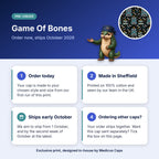 How pre-order works for the Game Of Bones scrub cap: order today, made in Sheffield, ships early October 2026