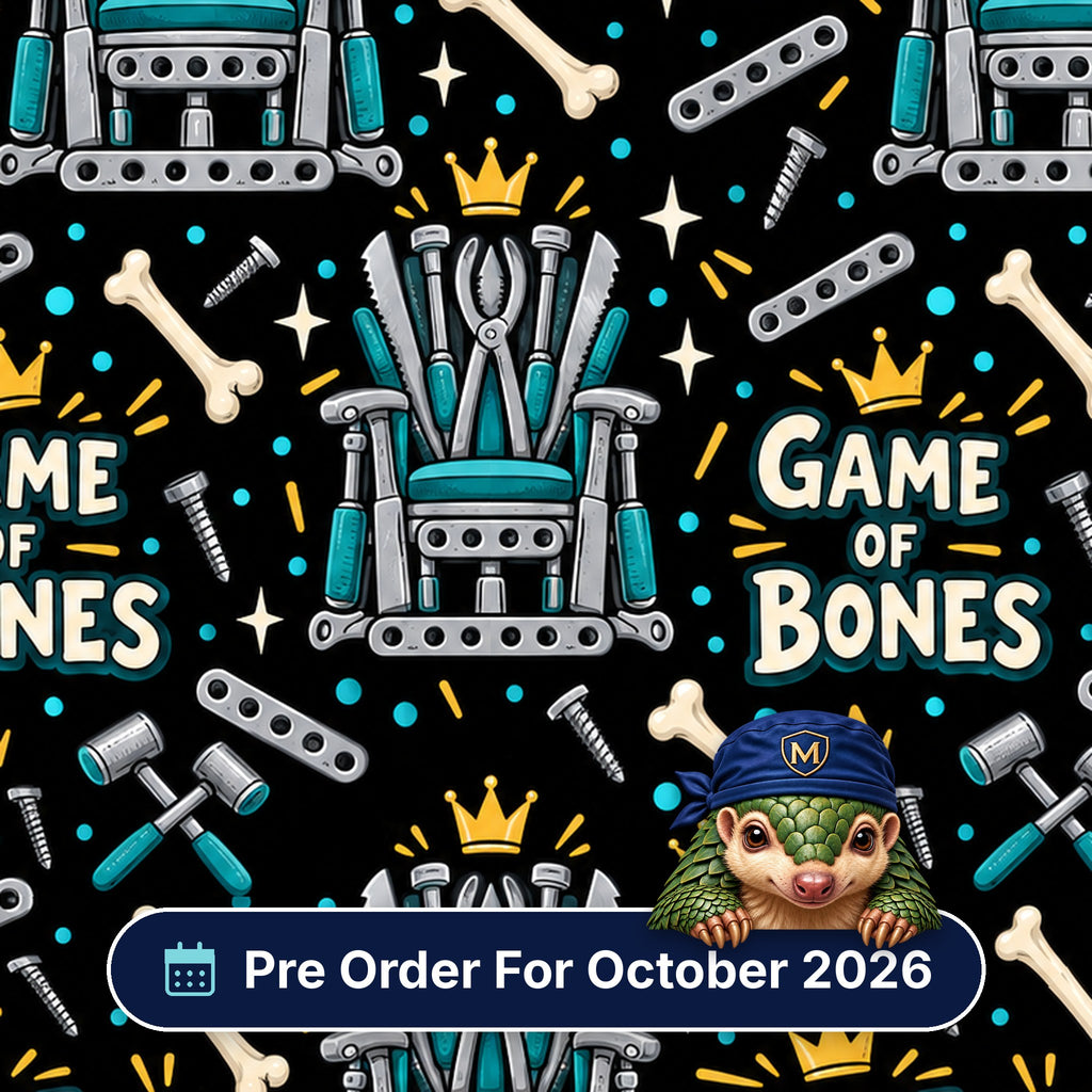Game Of Bones scrub cap print: thrones built from orthopaedic instruments with bones, mallets, screws and crowns on black, with a Pre Order For October 2026 badge