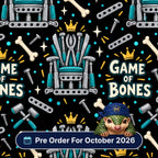 Game Of Bones scrub cap print: thrones built from orthopaedic instruments with bones, mallets, screws and crowns on black, with a Pre Order For October 2026 badge
