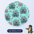 Game Of Valves scrub cap print: thrones built from surgical instruments around a heart valve with hearts on aqua