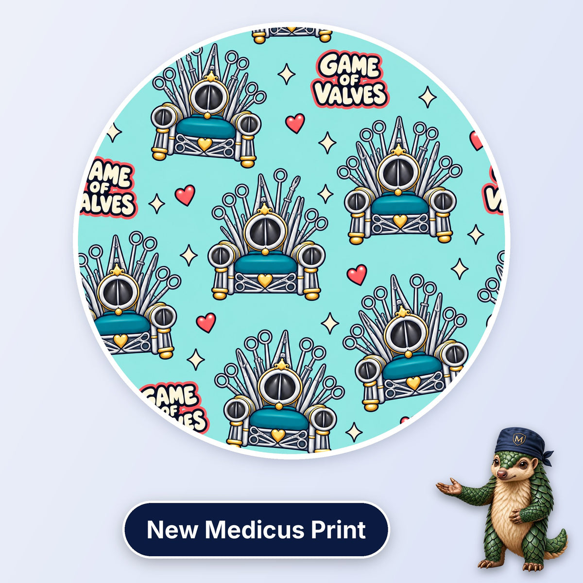 Game Of Valves scrub cap print: thrones built from surgical instruments around a heart valve with hearts on aqua