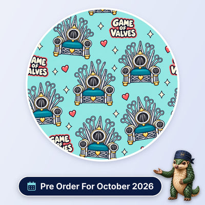 Game Of Valves scrub cap print: thrones built from surgical instruments around a heart valve with hearts on aqua, with a Pre Order For October 2026 badge