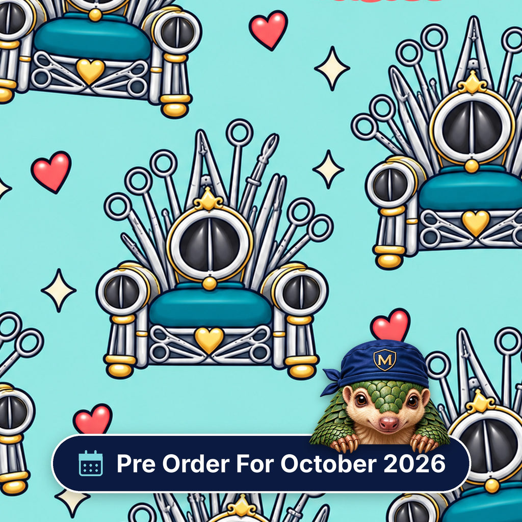 Game Of Valves scrub cap print: thrones built from surgical instruments around a heart valve with hearts on aqua, with a Pre Order For October 2026 badge