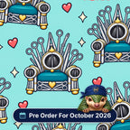 Game Of Valves scrub cap print: thrones built from surgical instruments around a heart valve with hearts on aqua, with a Pre Order For October 2026 badge