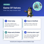 How pre-order works for the Game Of Valves scrub cap: order today, made in Sheffield, ships early October 2026