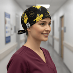 Black scrub cap with yellow Pikachu Pokemon characters and Pokeball designs