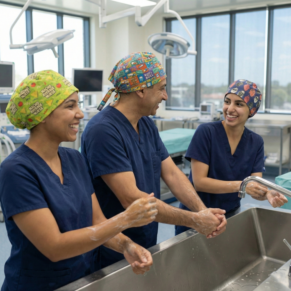 Healthcare workers wearing Medicus scrub caps