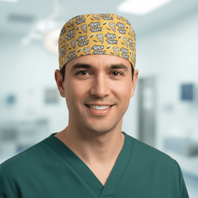 Halloween Tract Or Treat scrub cap shown on male model